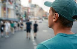 Young man with hearing aid walking around a busy city.